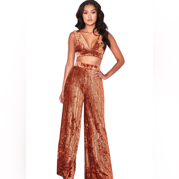 NWT HOUSE OF CB Set Rust Crushed Velvet Giorgia Top & Maelys Trousers XS - Picture 3 of 13
